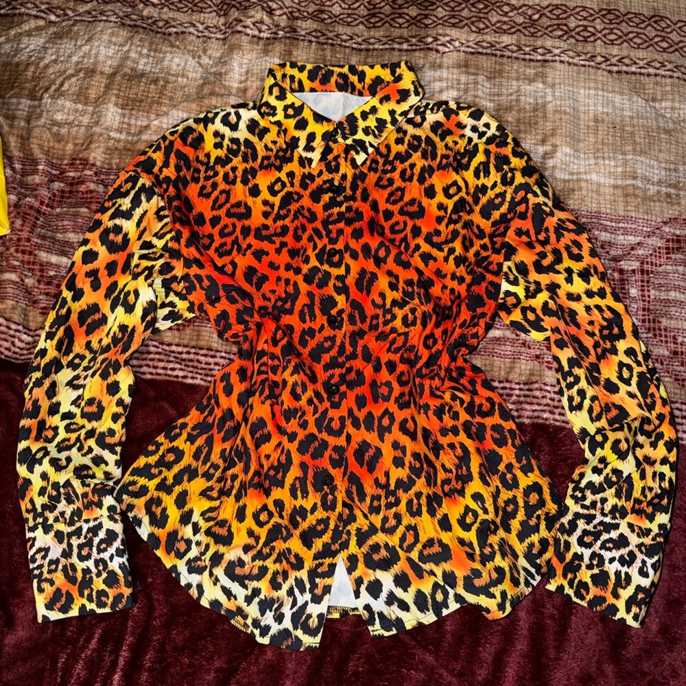 Zara Leopard Print Button-Up Blouse in Orange, Yellow, Black